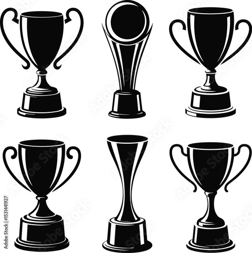 Elegant Trophy and Award Cup Silhouettes, Symbolizing Success, Victory, Achievement, and Recognition for Sports, Business, and Competitions