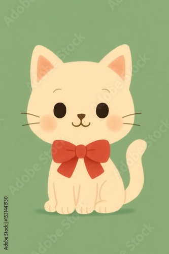 Cute cartoon cat wearing red bow tie, perching on vibrant green surface with whimsical, child friendly character design