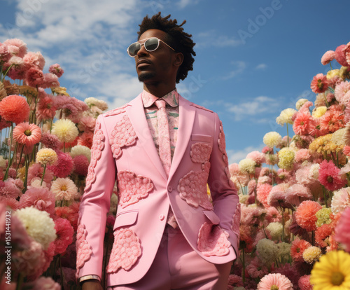 Man in a stylish pink suit standing amidst a vibrant field of flowers under a blue sky with scattered clouds