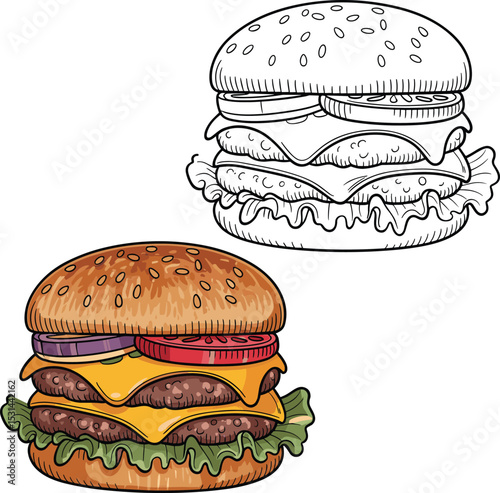 Delicious Double Cheeseburger Illustration with Fresh Ingredients, Perfect for Fast Food Menus, Restaurant Promotions, and Culinary Designs