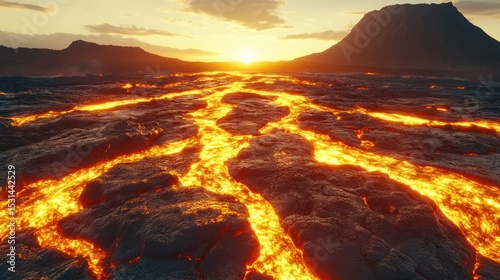 Molten lava flows across a volcanic landscape at sunset