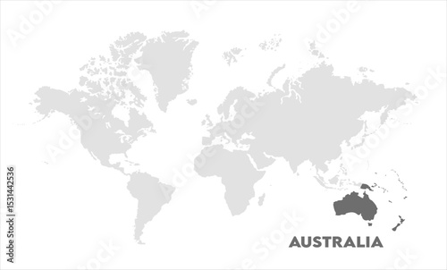 World map with Australia focus-02, Map of Australia, highlighted on the world map, Australia on the world map, Satellite view, Australia location on the globe.