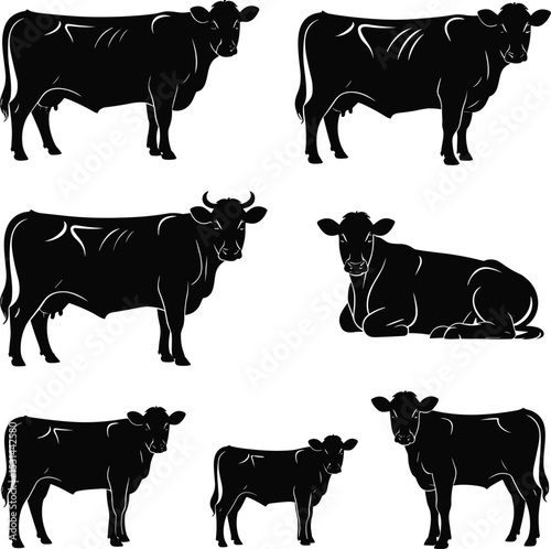 Collection of Diverse Cattle Silhouettes: Dairy Cows, Bulls, and Calves for Farm Animals, Agriculture, and Livestock Industry Concepts