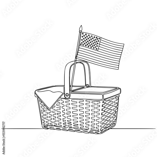 Picnic basket with American flag drawn in simple line art style  