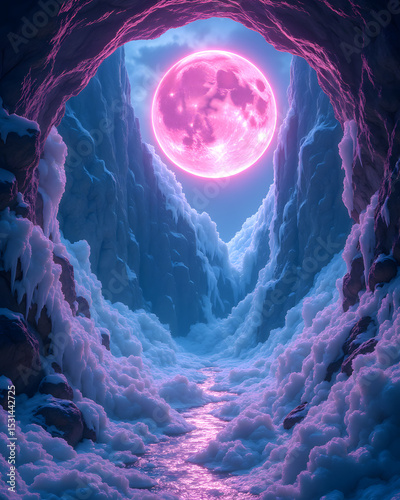 Enchanted Moonlit Cave: Journey into a mystical cavern where a radiant pink moon dominates the twilight sky, the scene glowing with fantasy and magic.