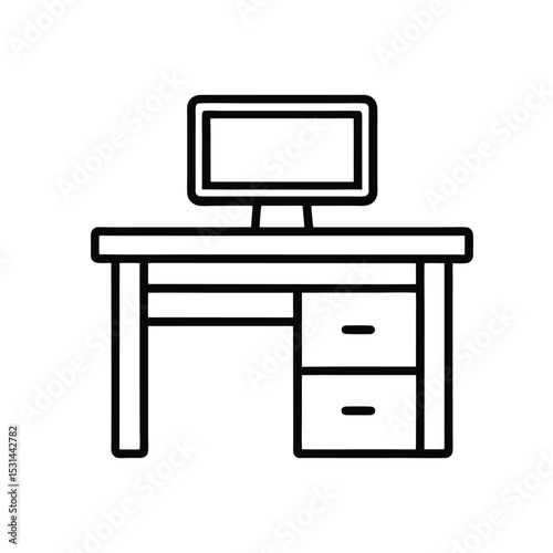 Modern Computer Desk Outline Icon on White Background