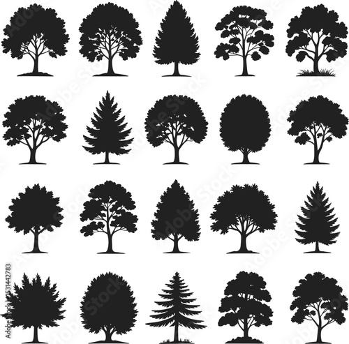 Extensive Collection of Tree Silhouettes: Various Species and Shapes for Landscape Design, Nature Illustrations, and Environmental Graphics