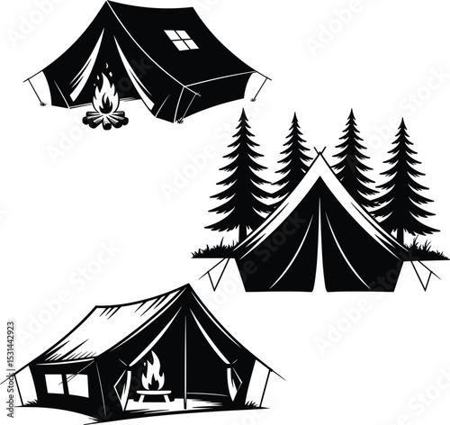 Outdoor Camping Adventure Silhouettes: Classic Tents, Cozy Campfires, and Pine Trees for Wilderness Exploration, Nature Escapes, and Travel Designs
