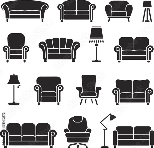 Elegant Furniture Silhouettes Collection: Modern Sofas, Armchairs, and Floor Lamps for Interior Design, Home Decor, and Living Space Concepts