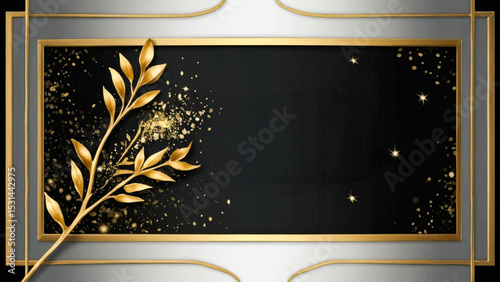 Artistic frame with sparkling gold laurels on dark background offers space for text or design.
