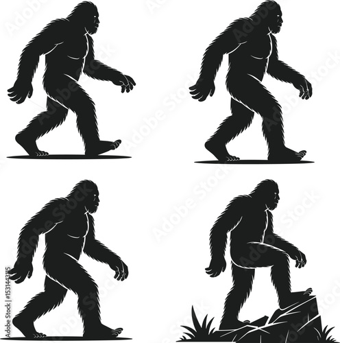 Mythical Bigfoot or Sasquatch Silhouettes in Various Walking Poses, Ideal for Cryptid Enthusiasts, Wilderness, and Folklore-Themed Designs