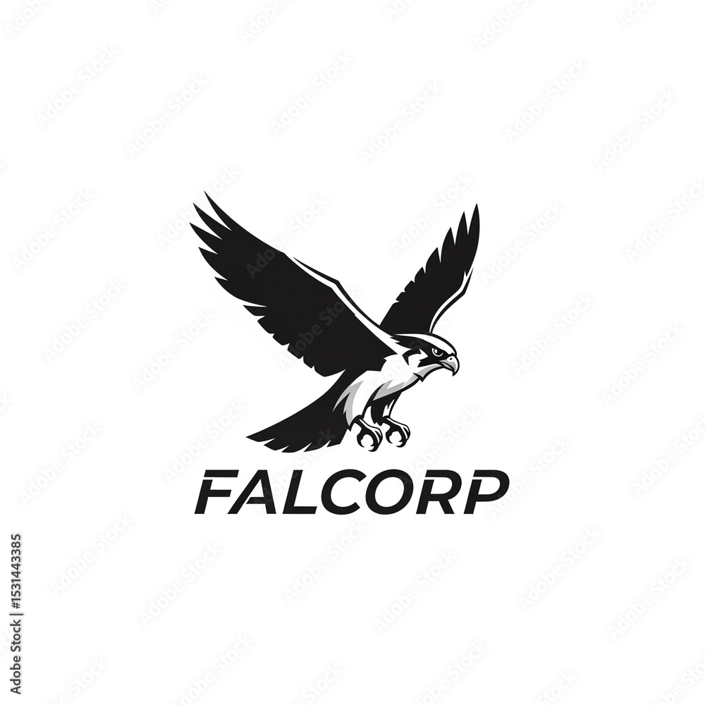 Fototapeta premium Stylized falcon flying logo with sharp edges and italic font saying ‘FALCORP’, clean vector on white background.