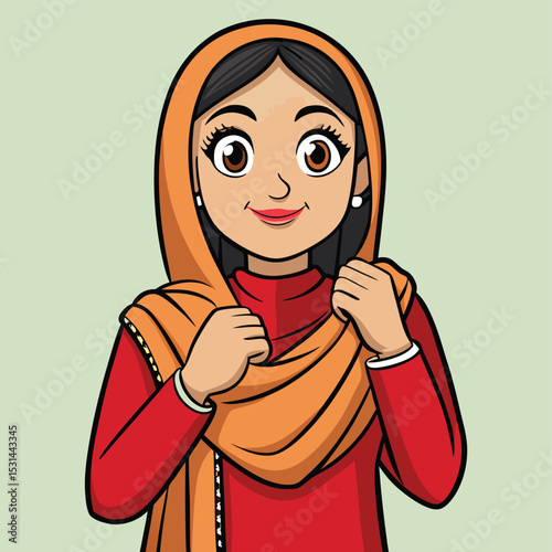 A Pakistani woman in her 20s, elegantly adjusting her dupatta, showcasing grace and traditional style.