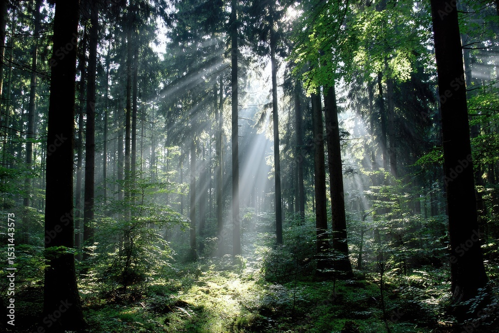 Obraz premium Sunlight streams through a misty forest (2)
