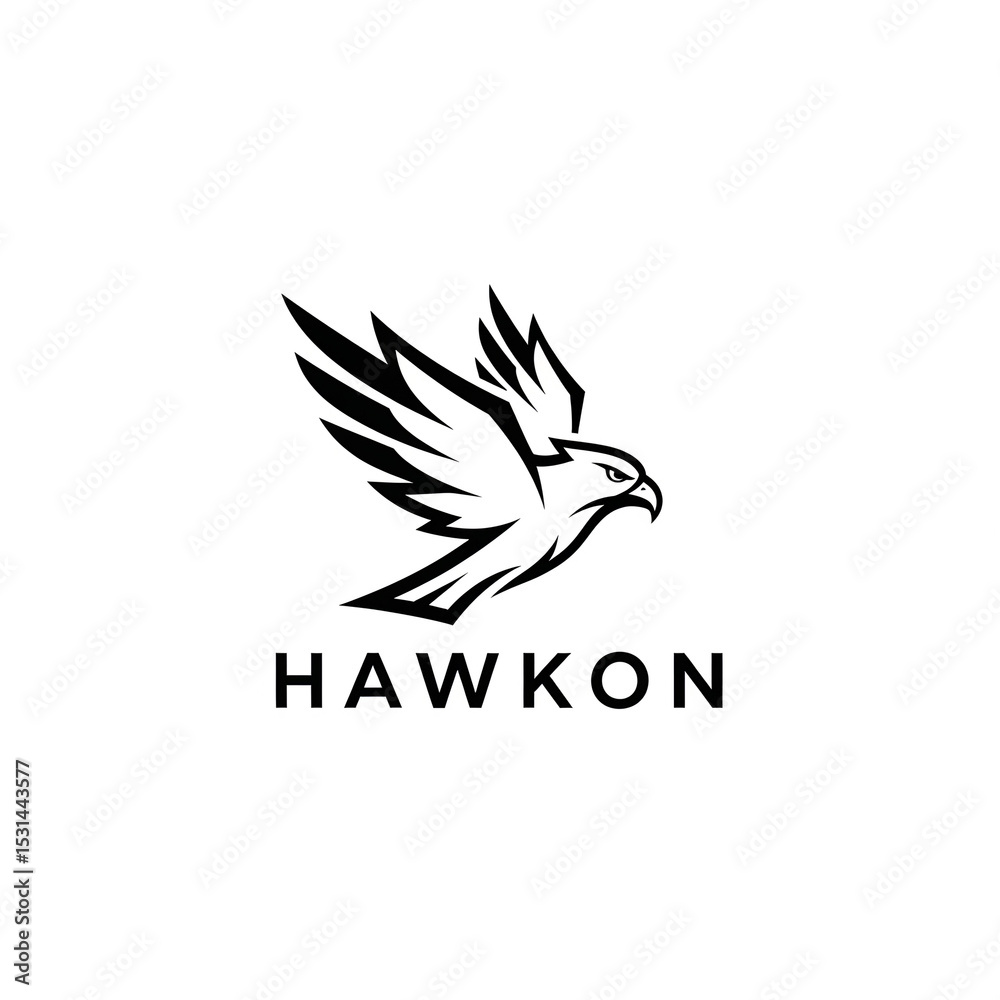 Obraz premium Stylized hawk icon logo with sharp wings and modern text ‘HAWKON’, clean vector logo on white background.