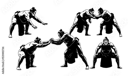 Set Bundle of Dynamic Sumo Wrestler Silhouettes Capturing Competitive Action and Techniques for Engaging Sports Illustrations