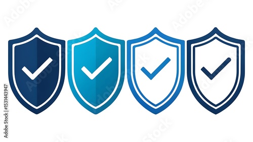 Four shields with check marks isolated on white background