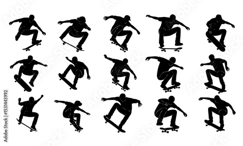 Set Bundle of Dynamic Skateboarder Silhouettes in Various Action Poses for Creative Sports Illustrations and Graphic Designs