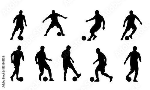 Set Bundle of Dynamic Soccer Player Silhouettes in Various Poses for Engaging Sports Illustrations and Creative Graphic Designs