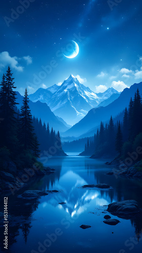 Serene Nightscape: A crescent moon hangs above a tranquil mountain lake, its reflection mirroring the majestic snow-capped peaks and dark evergreen forests in a serene nightscape.