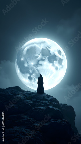 Solitary Wanderer beneath the Moon: A figure stands in contemplation atop a rugged mountain, framed against a celestial, colossal moon.