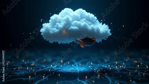 Digital cloud emitting data streams onto a blue network with glowing particles around it