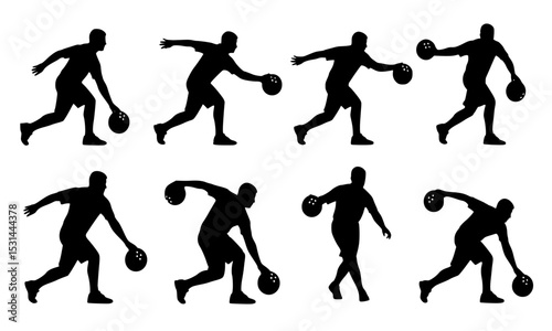 Set Bundle of Black Silhouettes Showing Dynamic Bowling Movements for Engaging Sports Graphics and Illustrations for Creative Projects