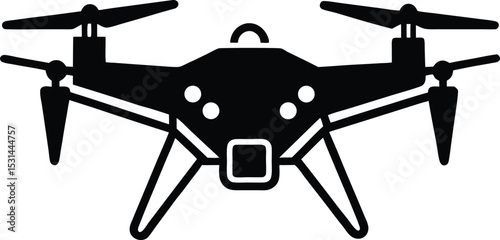Black and White Drone Illustration Silhouette with Four Propellers and Landing Gear