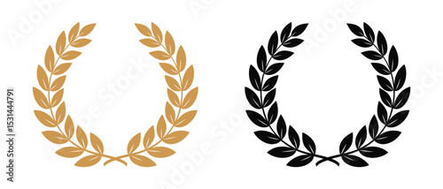 Two Wreaths And Branches With Leaves. Black And Golden Laurel Wreaths And Branches. Award Laurel Symbol, Isolated On White Background. Vector Illustration