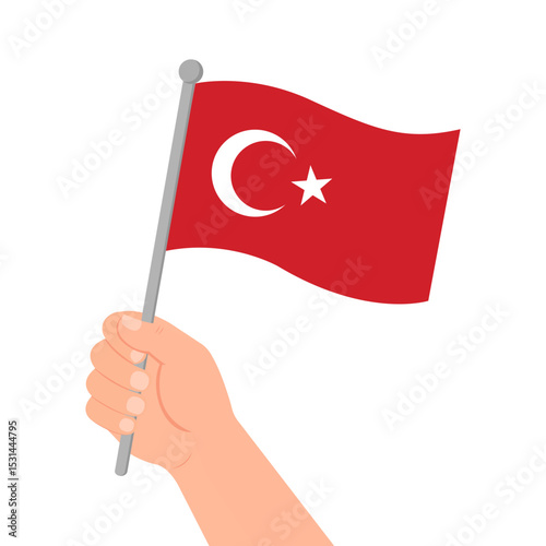 Human Hand Holding Flag of Turkey Country, Isolated On White Background. Vector Illustration