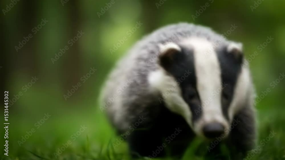 European Badger in Lush Forest - A close-up shot of a European badger foraging in a vibrant green forest clearing. The badger's fur is detailed European Badger in Lush Forest - A close-up shot of a European badger foraging in a vibrant green forest clearing. The badger's fur is detailed