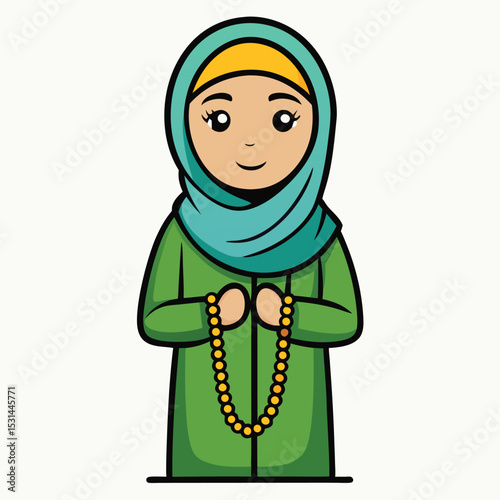 A Pakistani woman in her 30s, holding a prayer mat and prayer beads, conveying faith and spiritual devotion.