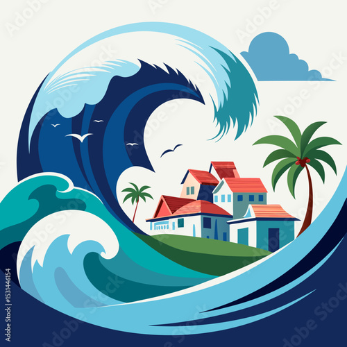 Tsunami Wave Coastal Disaster Vector Illustration