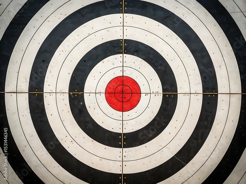 Worn target with concentric black and white rings, red bullseye