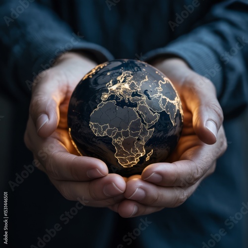 Hands gently holding illuminated earth globe