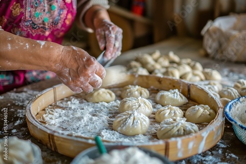 A woman's hands skillfully prepare and arrange freshly made steamed buns, dusted with flour, on a bamboo steamer