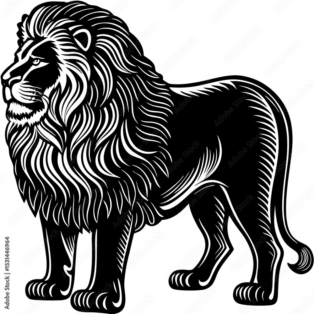 Obraz premium Standing majestic lion full body black and white silhouette vector illustration