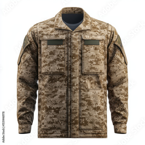 Military camouflage jacket with pixelated pattern shades of tan and brown, featuring multiple pockets, shoulder patches