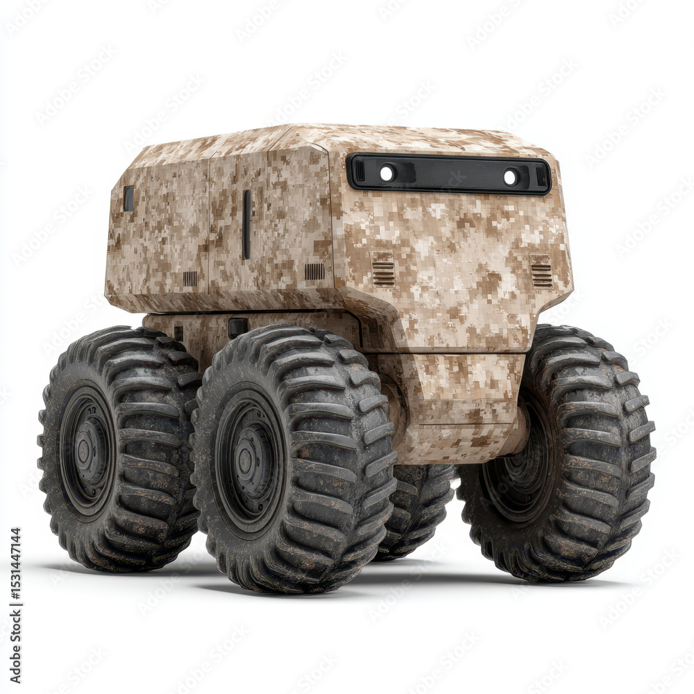 Obraz premium This is military robot vehicle with digital camouflage pattern, large rugged tires, and boxy design, suitable for rough