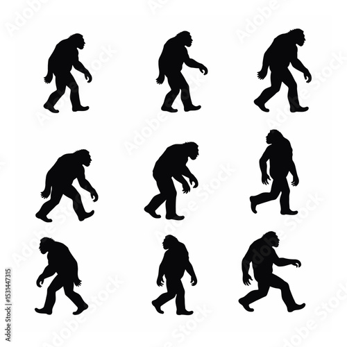 Nine bigfoot silhouettes walking evolution set