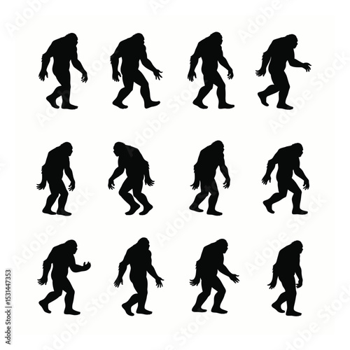 Bigfoot silhouette set walking animation cycle twelve poses