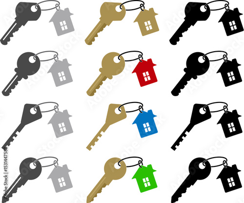 vector set of key icons isolated on white background. set of key bunches with house shape pendant. real estate symbol
