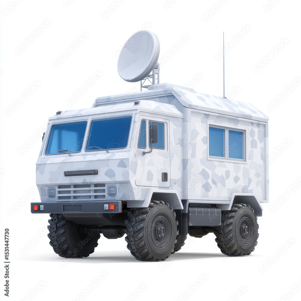 Obraz premium Mobile command vehicle with satellite dish for communication and surveillance, rugged off road design, white camouflage