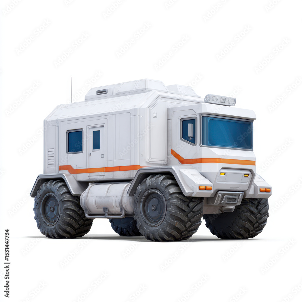 Obraz premium Futuristic off road vehicle with large rugged tires, white body with orange stripe, and boxy design, suitable for rough