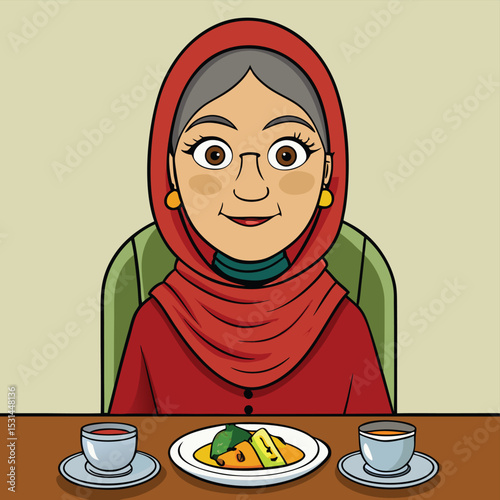 A Pakistani woman in her 40s, dressed for a family dinner, conveying warmth and domestic comfort.