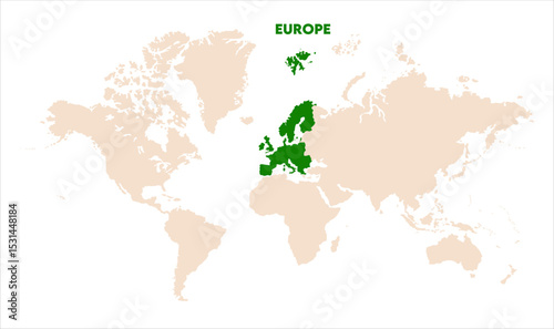 Europe in world map-05, Map of Europe, highlighted on the world map, Europe on the world map, Satellite view, Europe location on the globe.