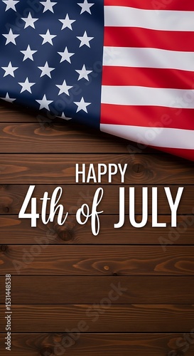 Happy fourth of july message on american flag and wooden background.