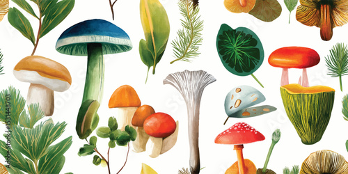 Forest Mushroom and Botanical Elements Watercolor Seamless Pattern. Nature Inspired Design for trendy design, textile, packaging, fabric, wallpaper, branding, stationery, wrapping paper interior decor