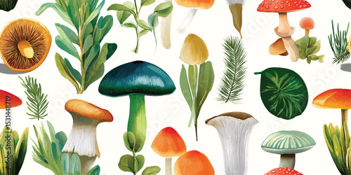 Forest Mushroom and Botanical Elements Watercolor Seamless Pattern. Nature Inspired Design for trendy design, textile, packaging, fabric, wallpaper, branding, stationery, wrapping paper interior decor