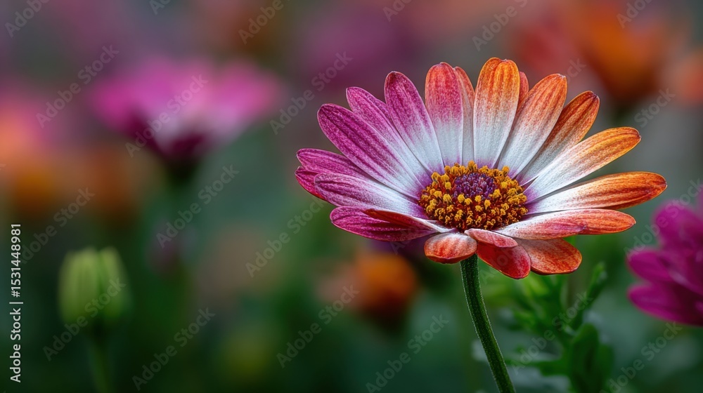 Obraz premium In a lush garden during spring, a vivid daisy displays its colorful petals with shades of orange, pink, and purple, surrounded by various blooming flowers, creating a lively atmosphere.